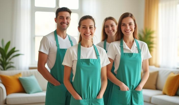 Équipe PropreCasa en uniforme souriante dans un salon lumineux